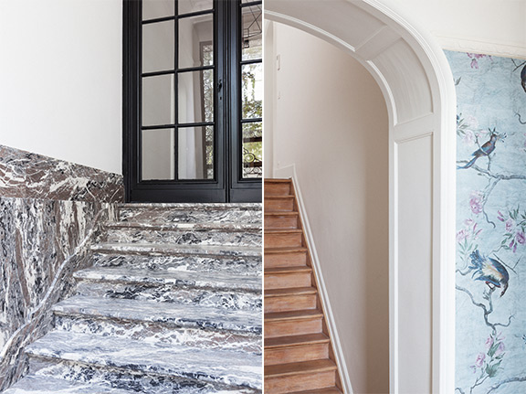 Interieur van een oud herenhuis na renovatie — lichte kleuren, hoge plafonds, eiken vloer
